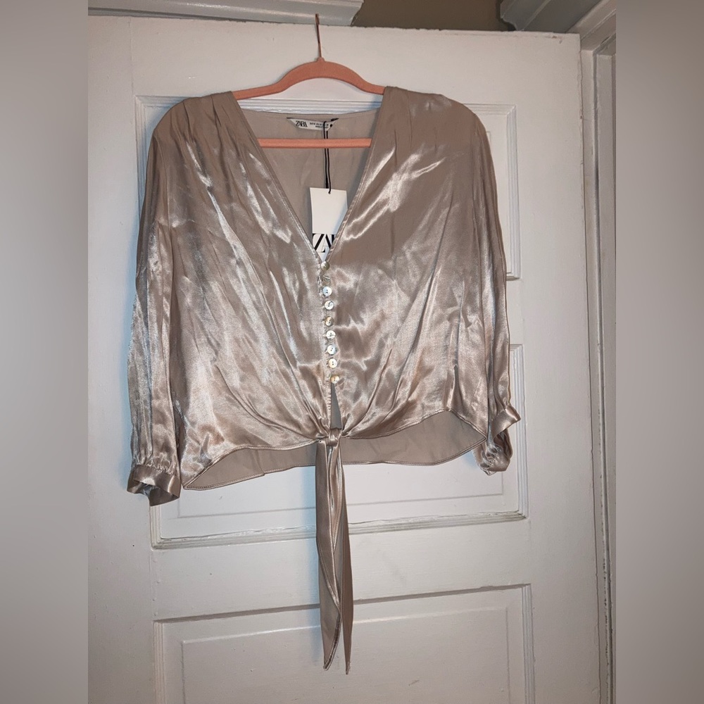 Zara Silky Champagne colored tie blouse Medium
NWT - Picture 3 of 3